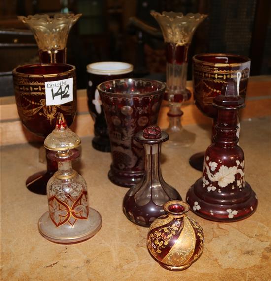 Collection of bohemian red ruby & gilt glass
